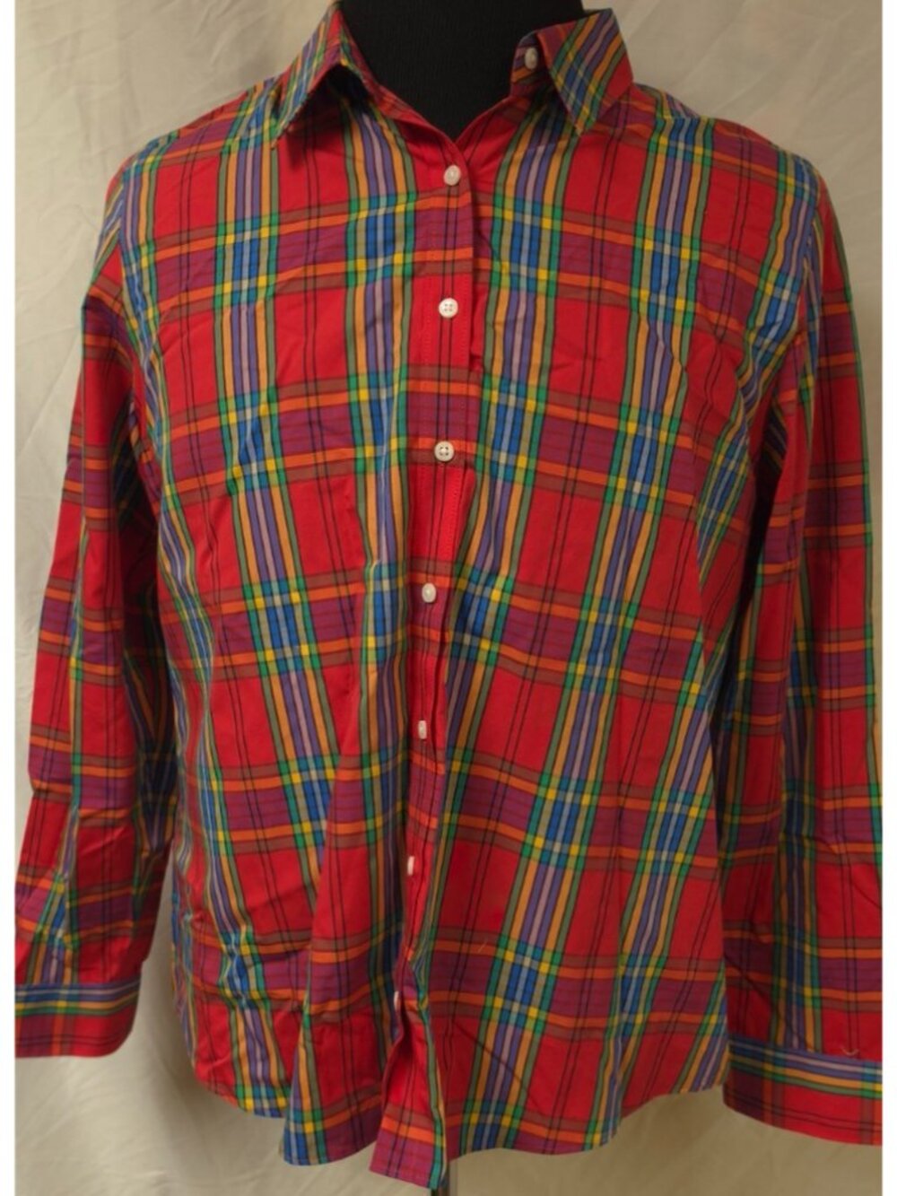 Land's End Women's 14 Red Stripe Button Up No Iron Cotton Long Sleeve Shirt